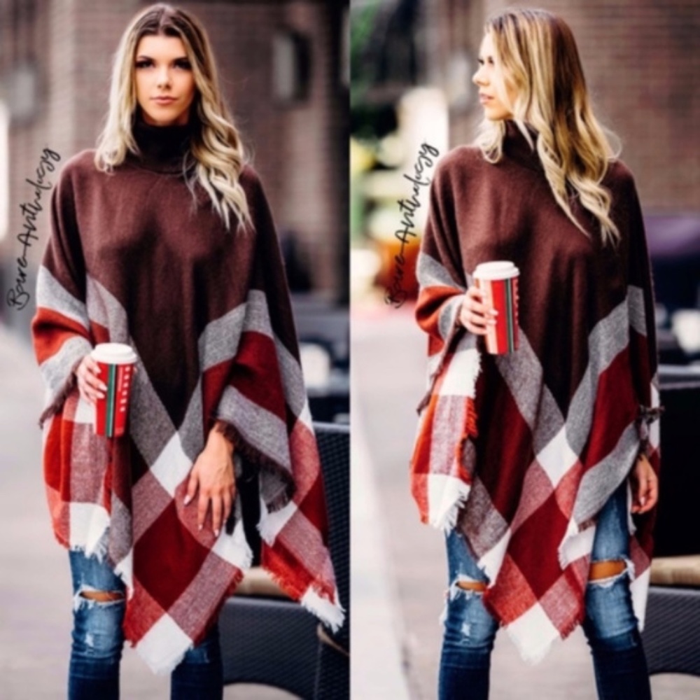 030 Cozy plaid Turtleneck frayed hem Poncho - Picture 9 of 9